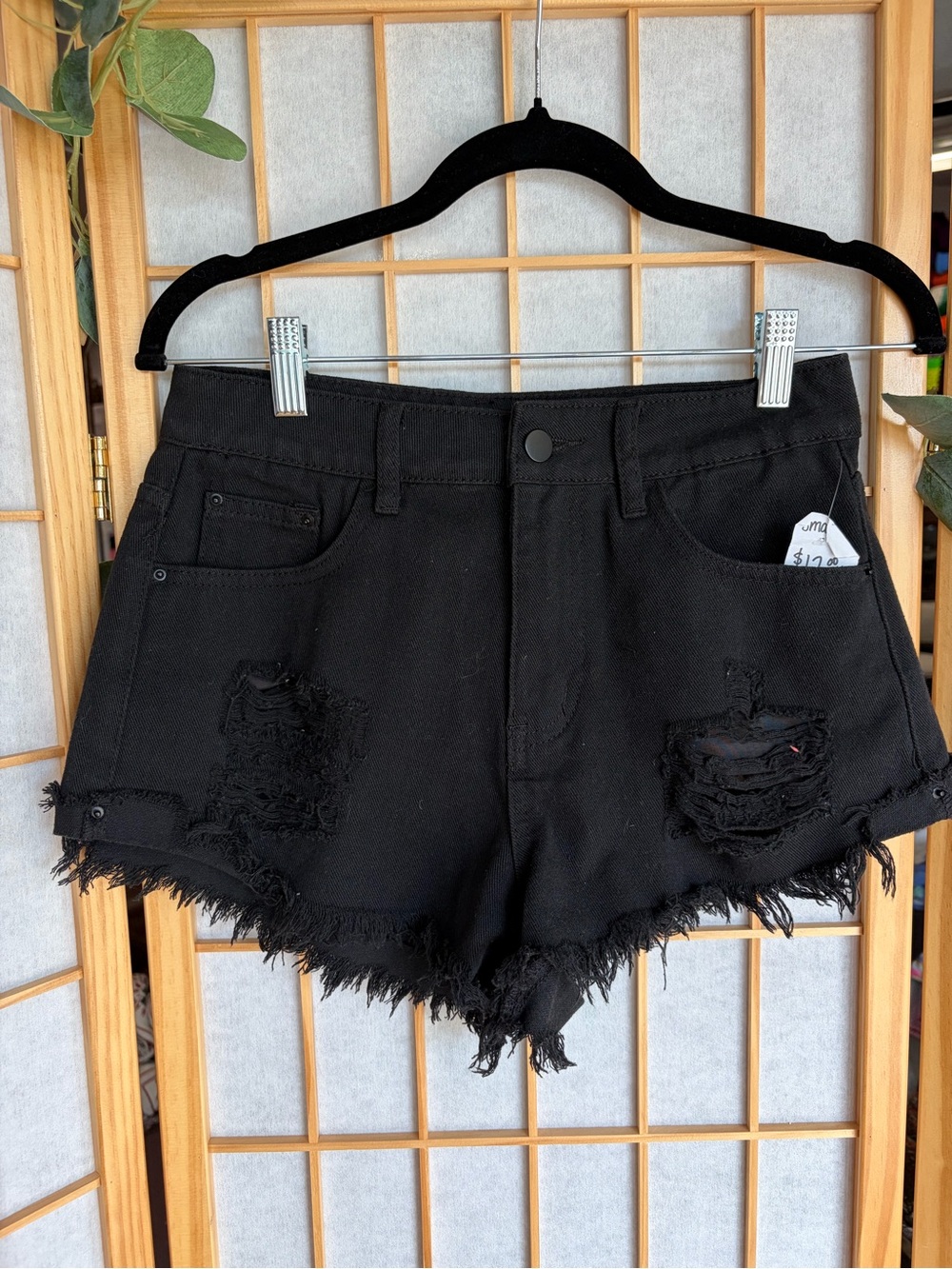 SHEIN Black Distressed Frayed Hem Denim Shorts